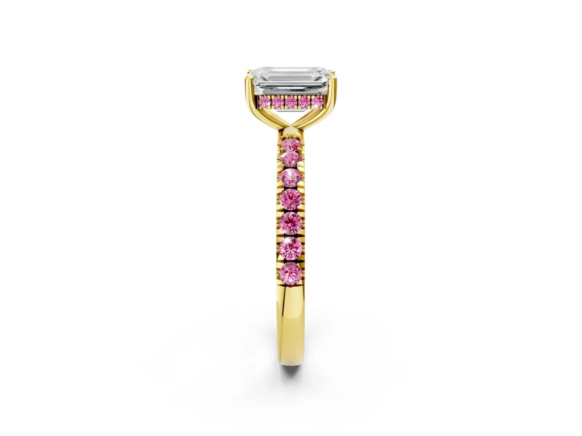 Emerald Cut Diamond Pave Band Solitaire Ring with Round Pink Sapphire and Prong Setting Yellow gold