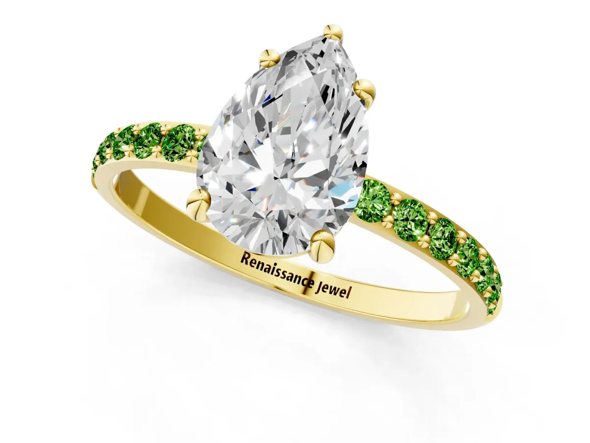 Pear Cut Diamond Solitaire Ring with Round Peridot Pavé Band and Prong Setting Yellow gold
