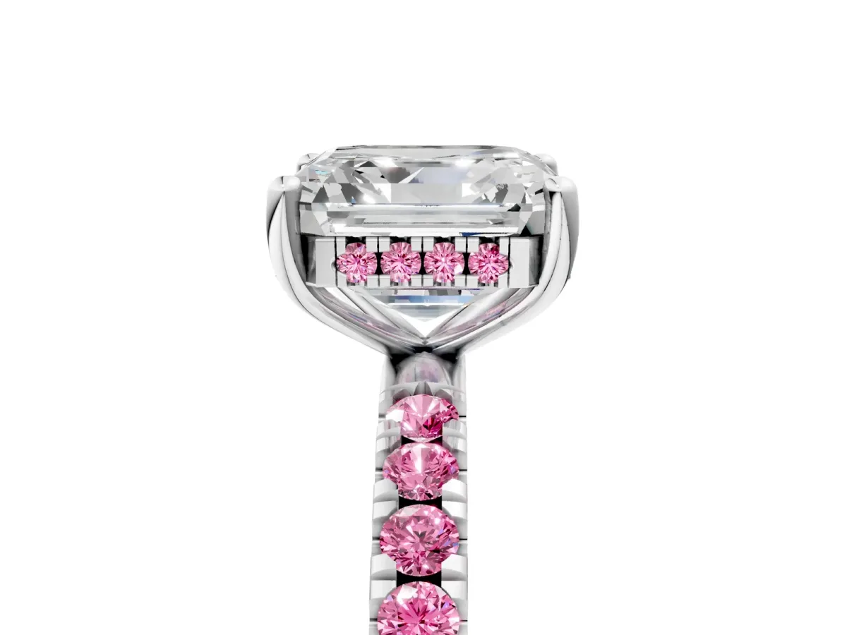 Asscher Cut Diamond Pave Band Solitaire Ring with Round Pink Sapphire and Prong Setting Platinum