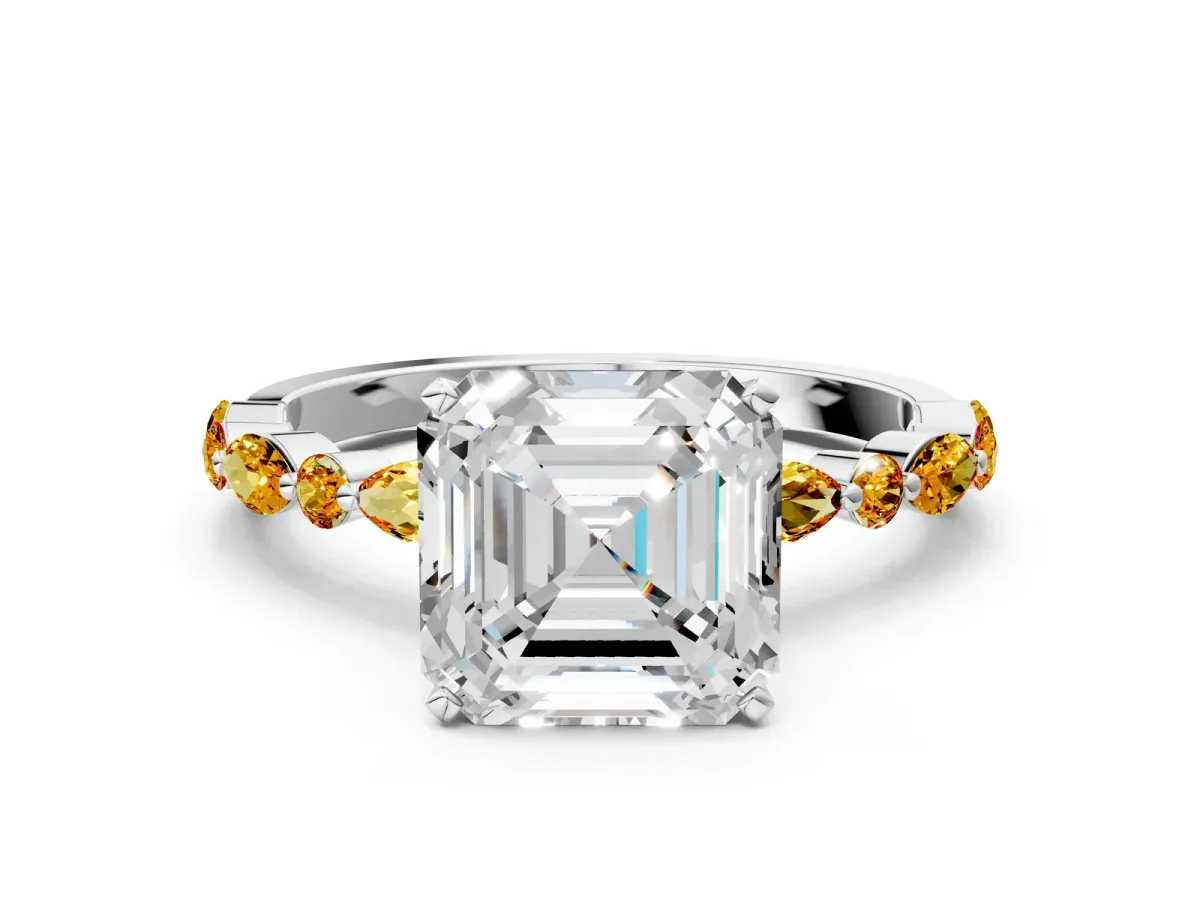 Asscher Cut Diamond Ring with Marquise and Round Citrine Side Stones and Four-Prong Setting Silver