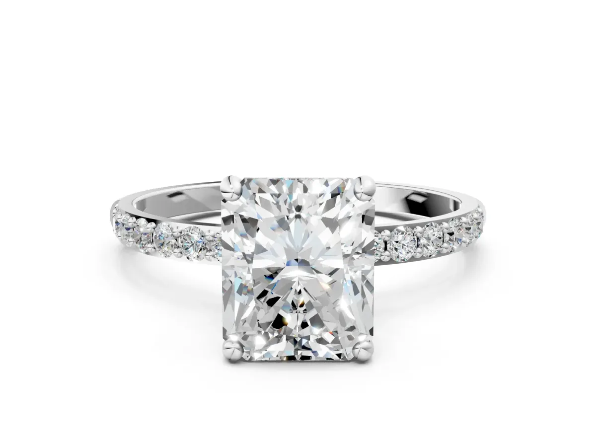 Radiant Cut Diamond Solitaire Ring with Round Pavé Band and Prong Setting Platinum