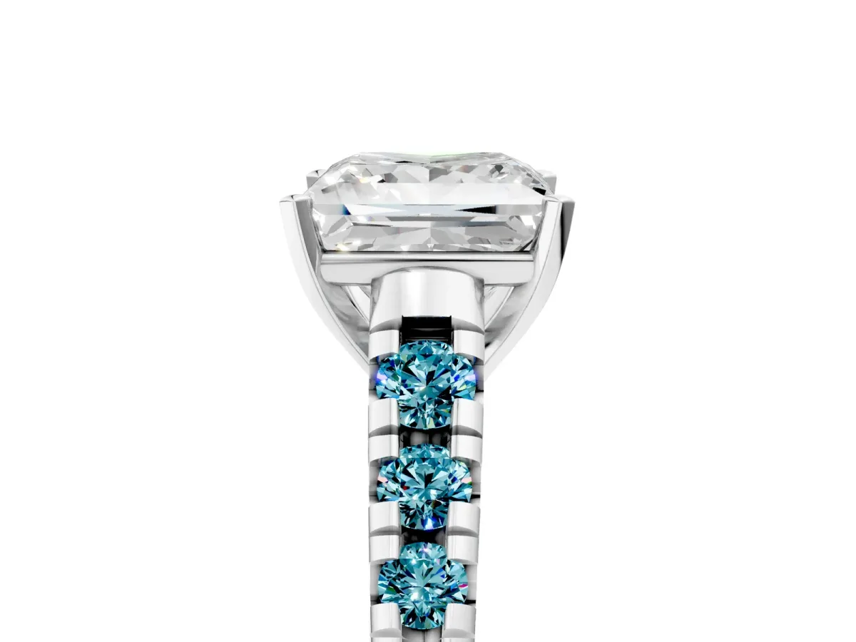 Princess Cut Diamond Cathedral Solitaire Ring with Round Blue Topaz Pavé Band Silver