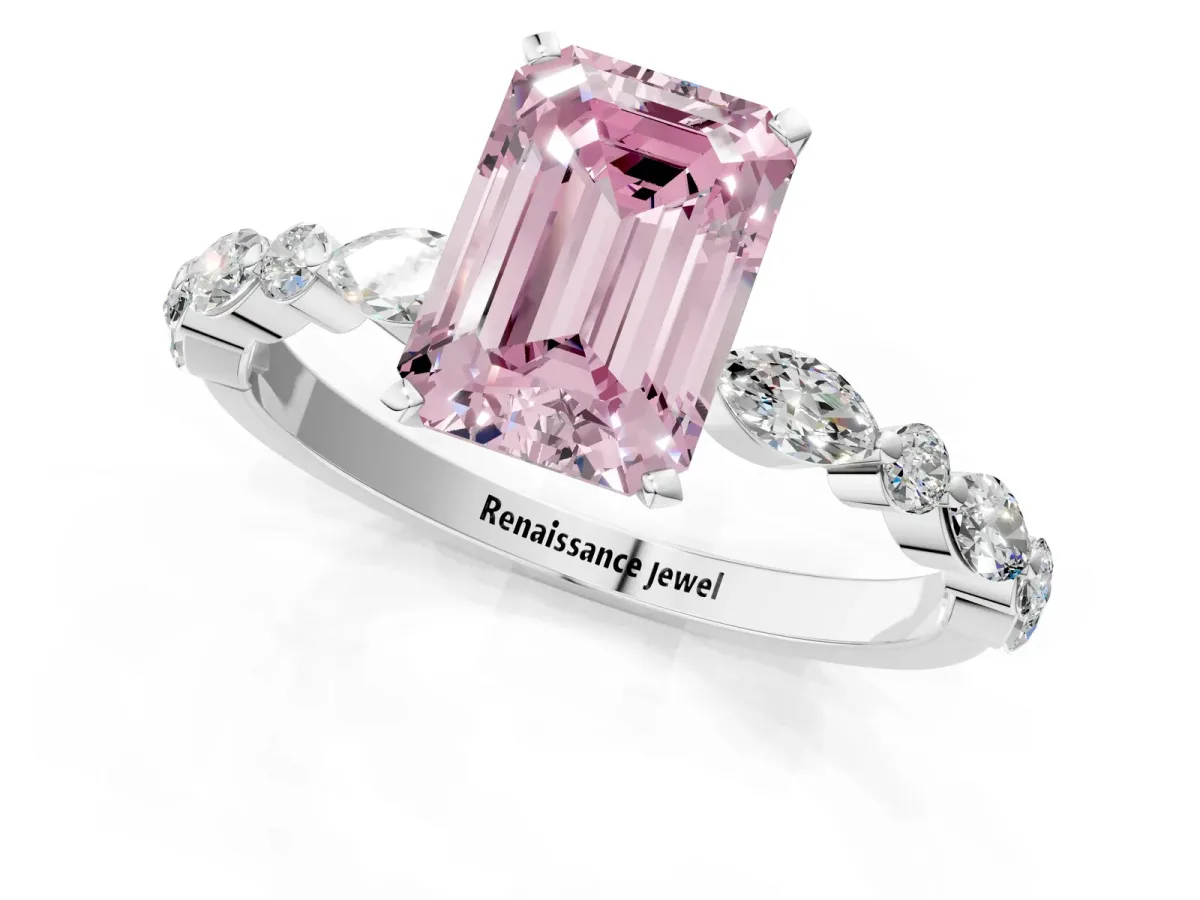 Fancy Pink Emerald Cut Diamond Ring with Marquise and Round Side Stones and Four-Prong Setting White gold
