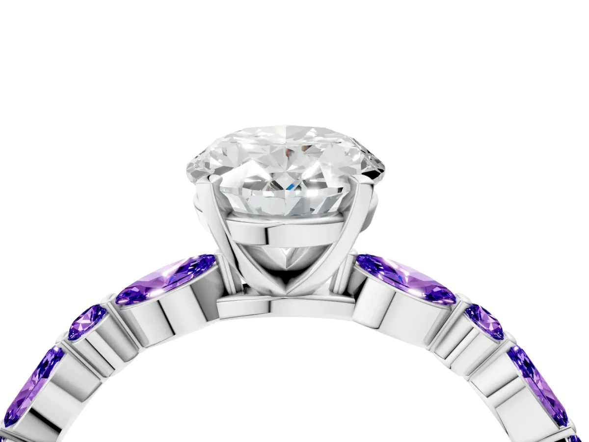 Oval Cut Diamond Ring with Marquise and Round Tanzanite Side Stones and Four-Prong Setting Silver
