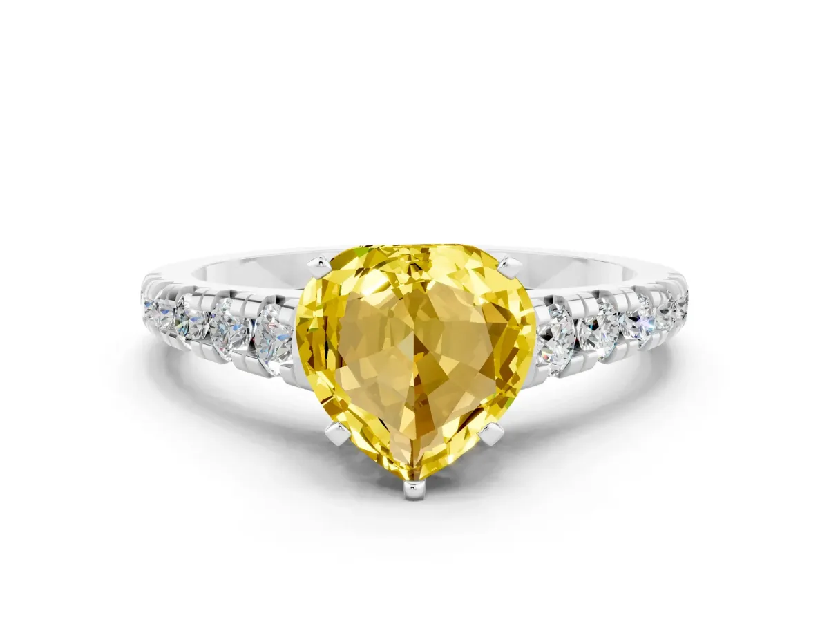 Heart Cut Yellow Sapphire Cathedral Solitaire Ring with Round Pavé Band Platinum