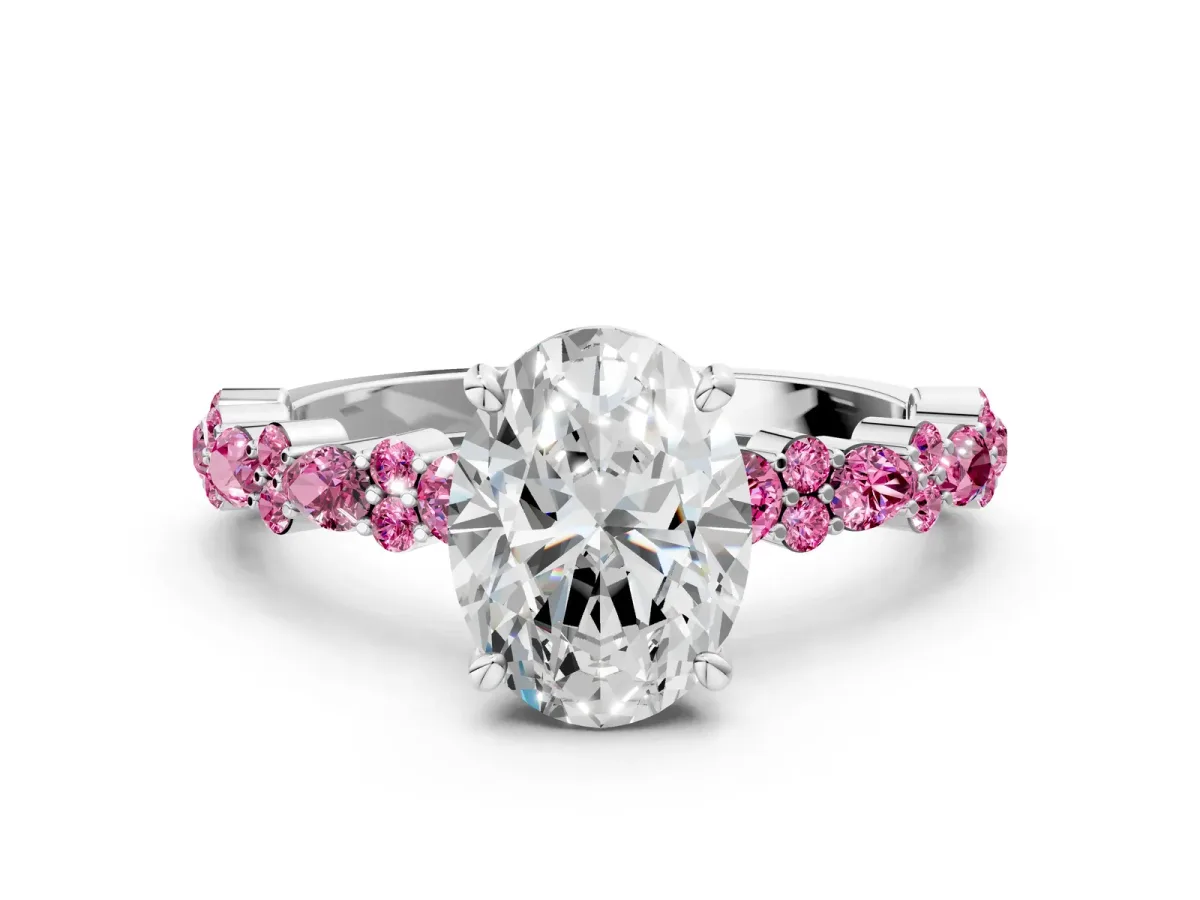 Oval Cut Diamond Side Stone Solitaire Ring with Round Pink Sapphire and Four-Prong Setting White gold