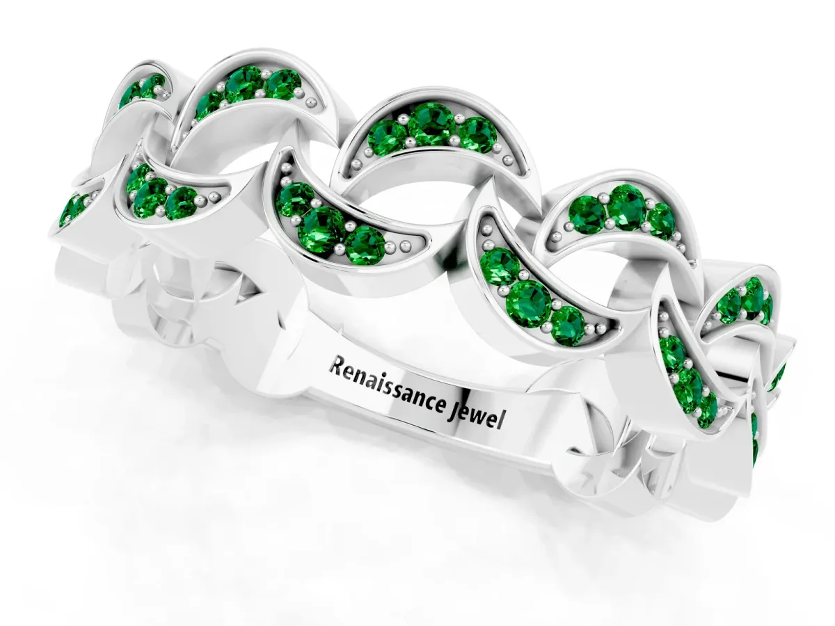 Pavé Round Emerald Interlocking Eternity Band with Bezel Prong Setting Silver