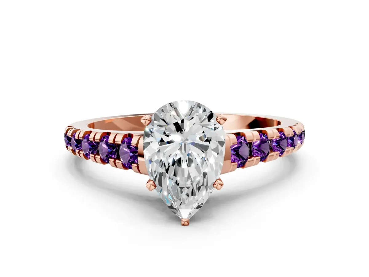 Pear Cut Diamond Cathedral Solitaire Ring with Round Amethyst Pavé Band Rose gold