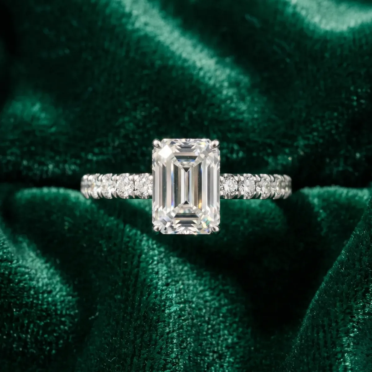 Emerald Cut Diamond Pave Band Solitaire Ring with Round and Prong Setting Platinum