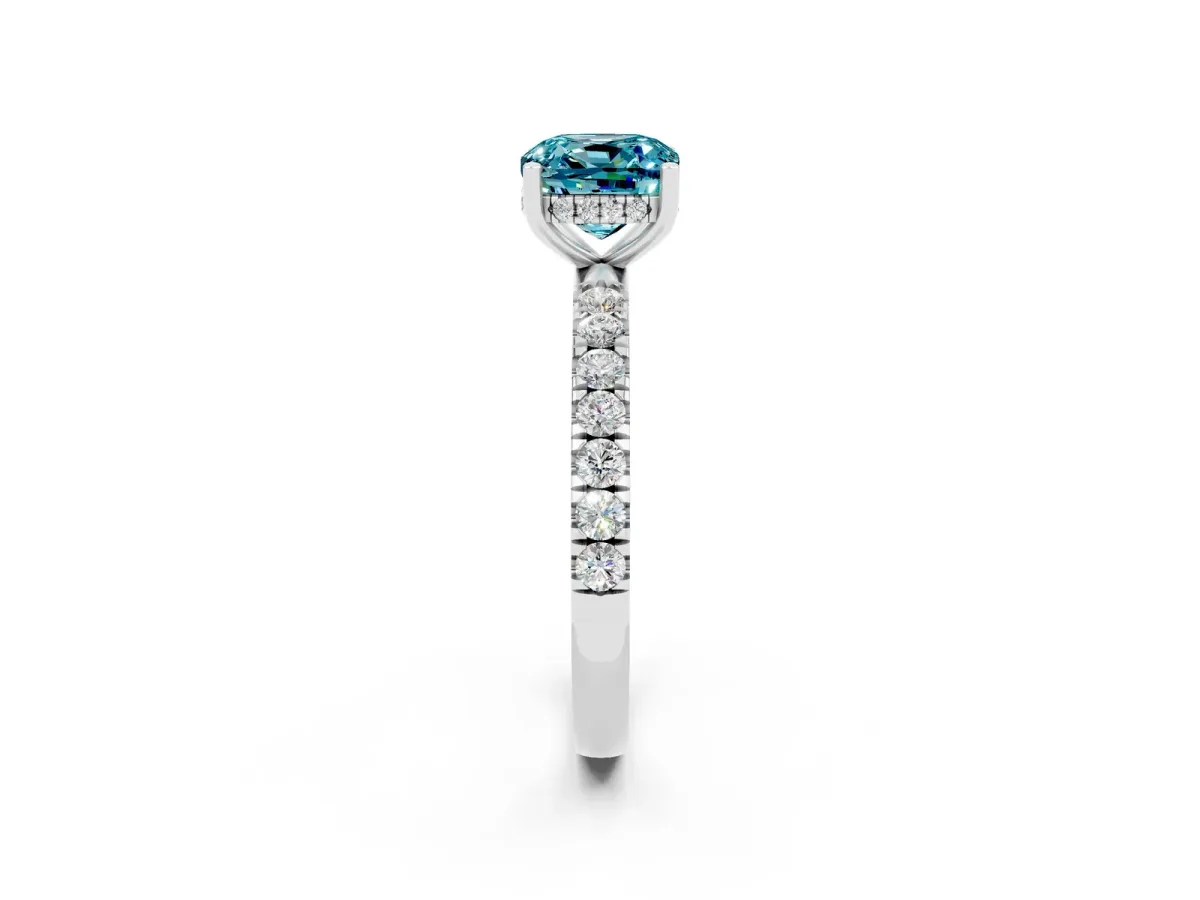 Cushion Cut Blue Topaz Pave Band Solitaire Ring with Round and Prong Setting Platinum