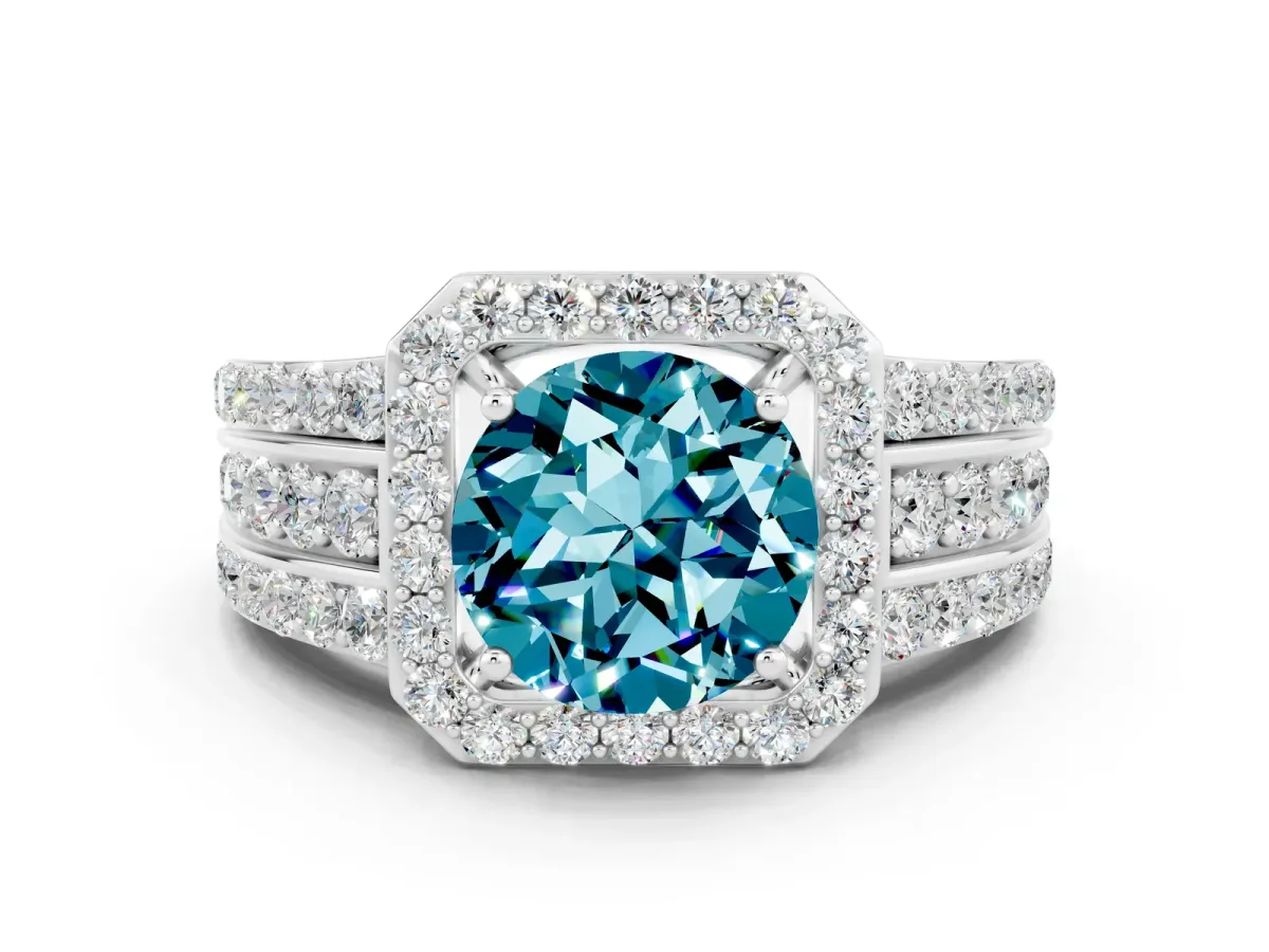 Round Cut Halo Blue Topaz Ring with Round Split Shank and Prong Setting Silver