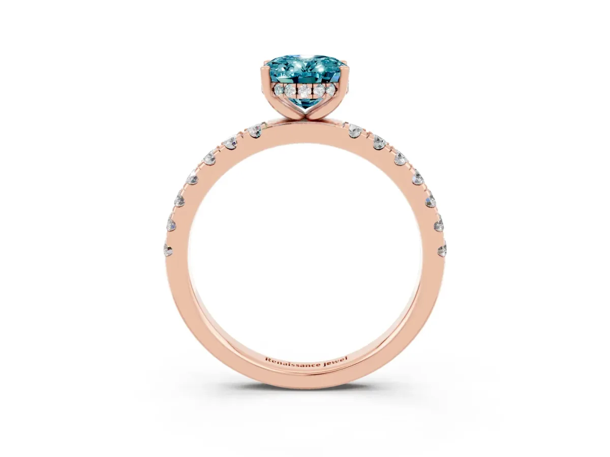 Oval Cut Blue Topaz Pave Band Solitaire Ring with Round and Prong Setting Rose gold