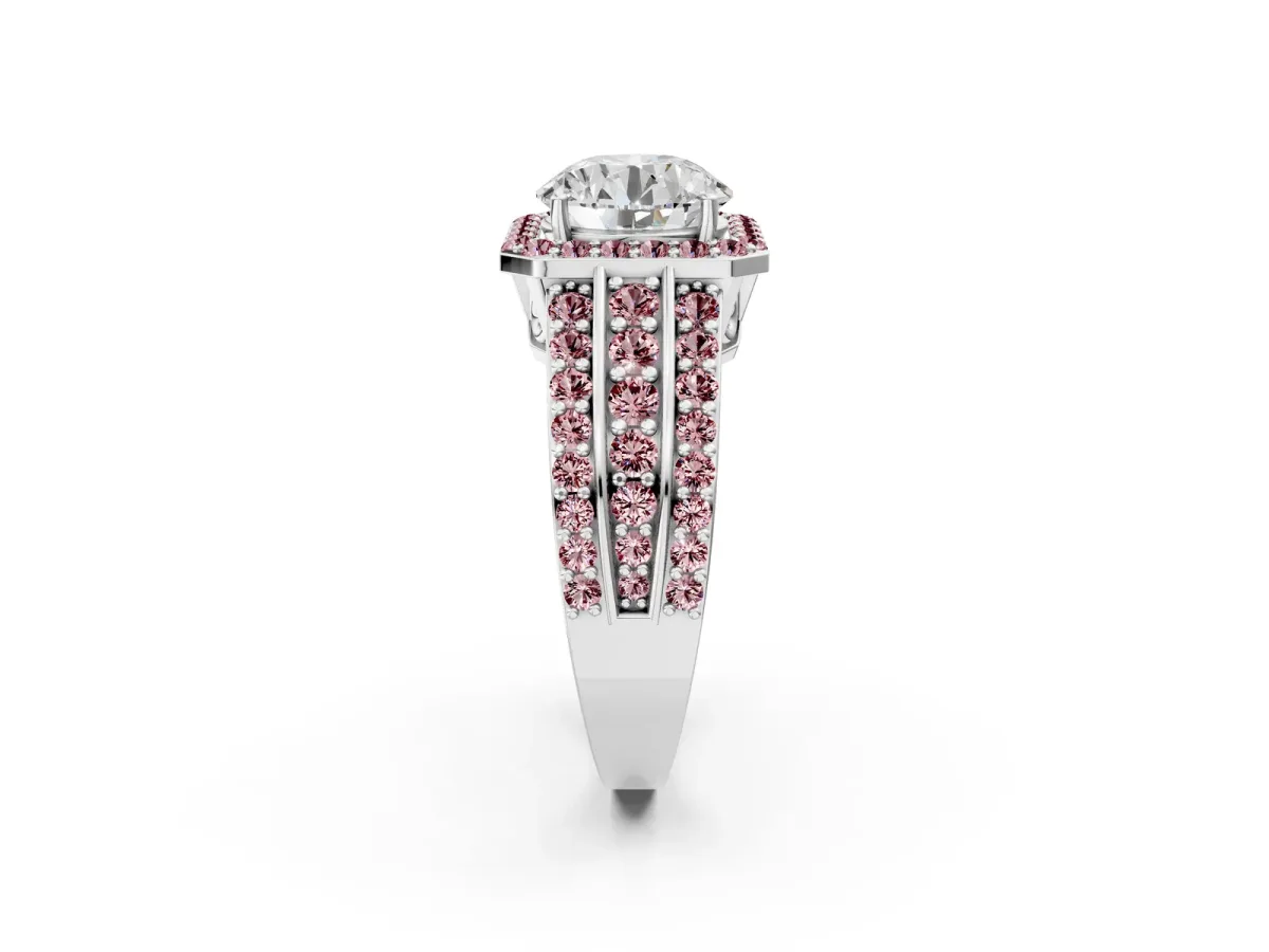 Round Cut Halo Diamond Ring with Round Morganite Split Shank and Prong Setting White gold