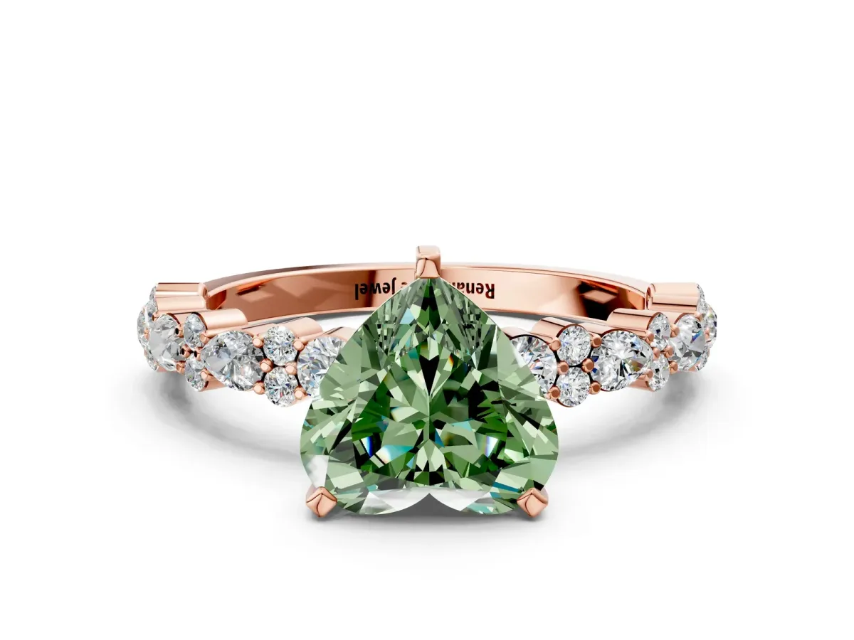 Fancy Green Heart Cut Diamond Side Stone Solitaire Ring with Round and Four-Prong Setting Rose gold