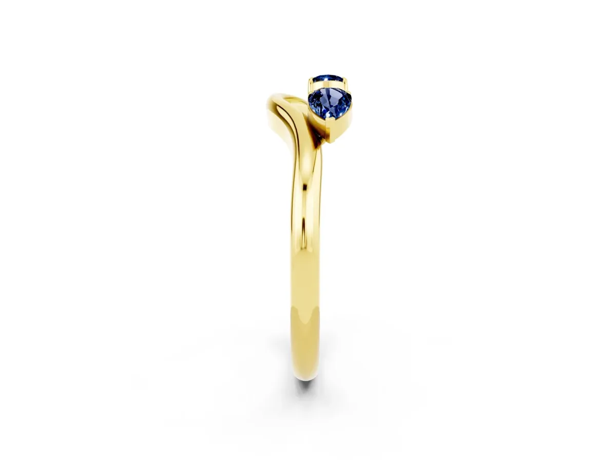 Pear Cut Blue Sapphire Two-Stone Open Band Ring with Prong Setting Yellow gold