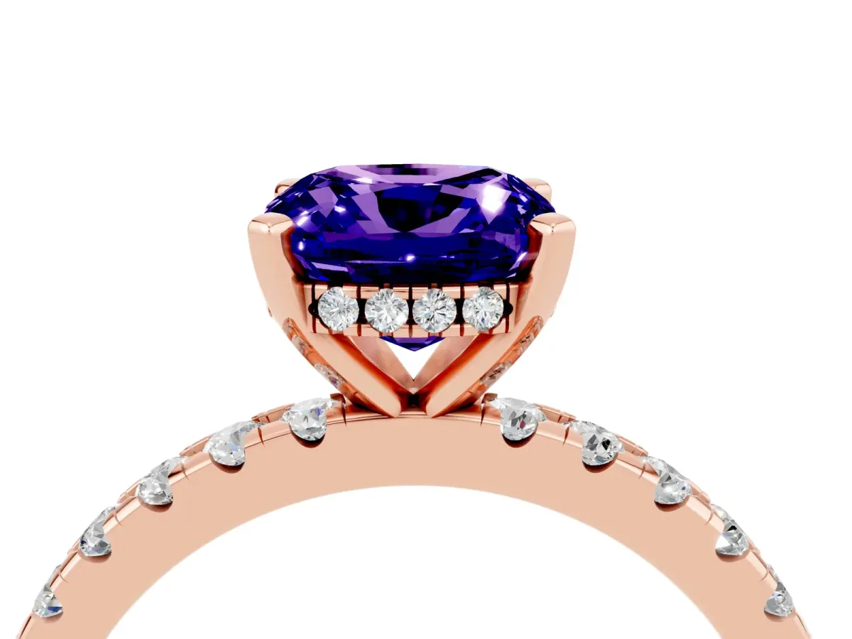 Cushion Cut Tanzanite Solitaire Ring with Round Pavé Band and Four-Prong Setting Rose gold