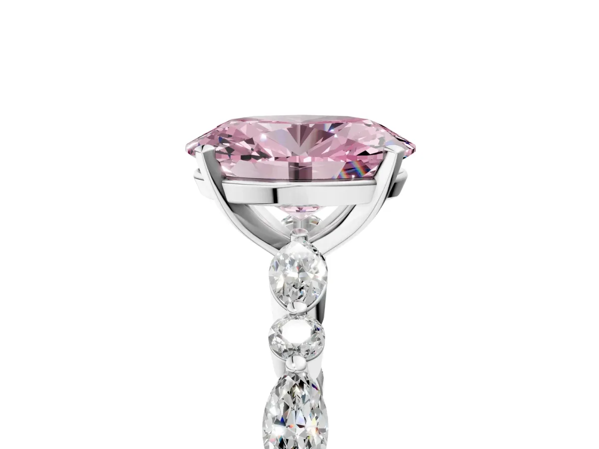 Fancy Pink Oval Cut Diamond Ring with Marquise and Round Side Stones and Four-Prong Setting Platinum