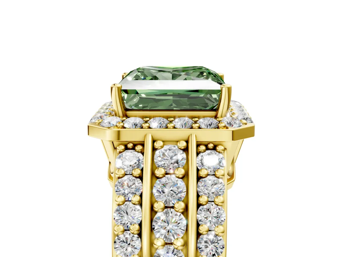 Fancy Green Princess Cut Halo Diamond Ring with Round Split Shank and Prong Setting Yellow gold