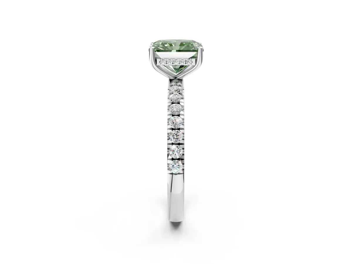 Fancy Green Radiant Cut Diamond Pave Band Solitaire Ring with Round and Prong Setting Silver