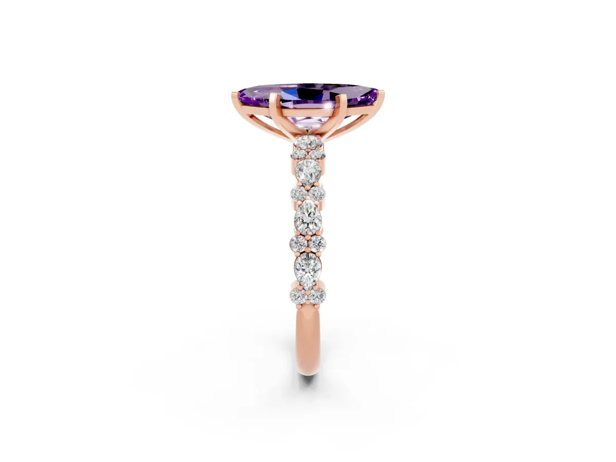 Marquise Cut Amethyst Side Stone Solitaire Ring with Round and Four-Prong Setting Rose gold