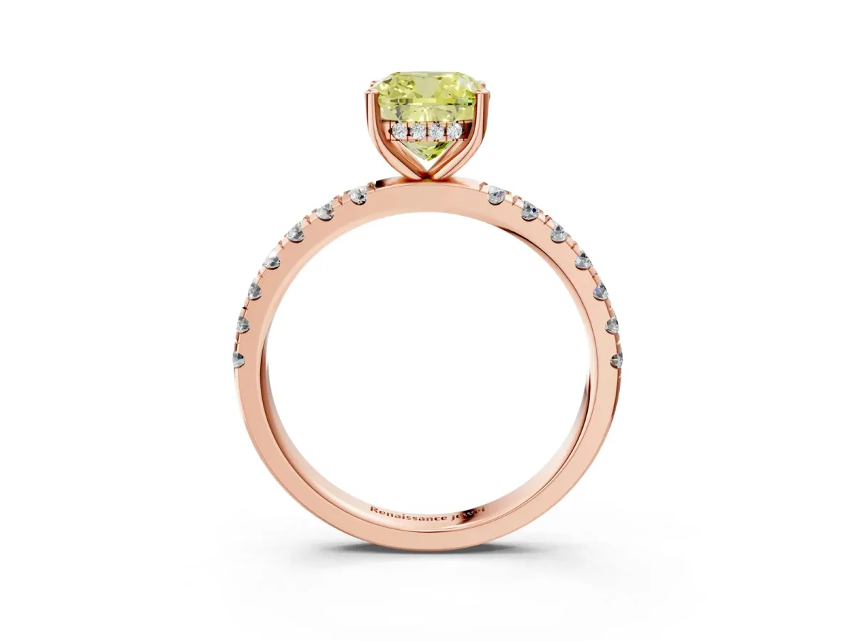 Fancy Yellow Cushion Cut Diamond Pave Band Solitaire Ring with Round and Prong Setting Rose gold
