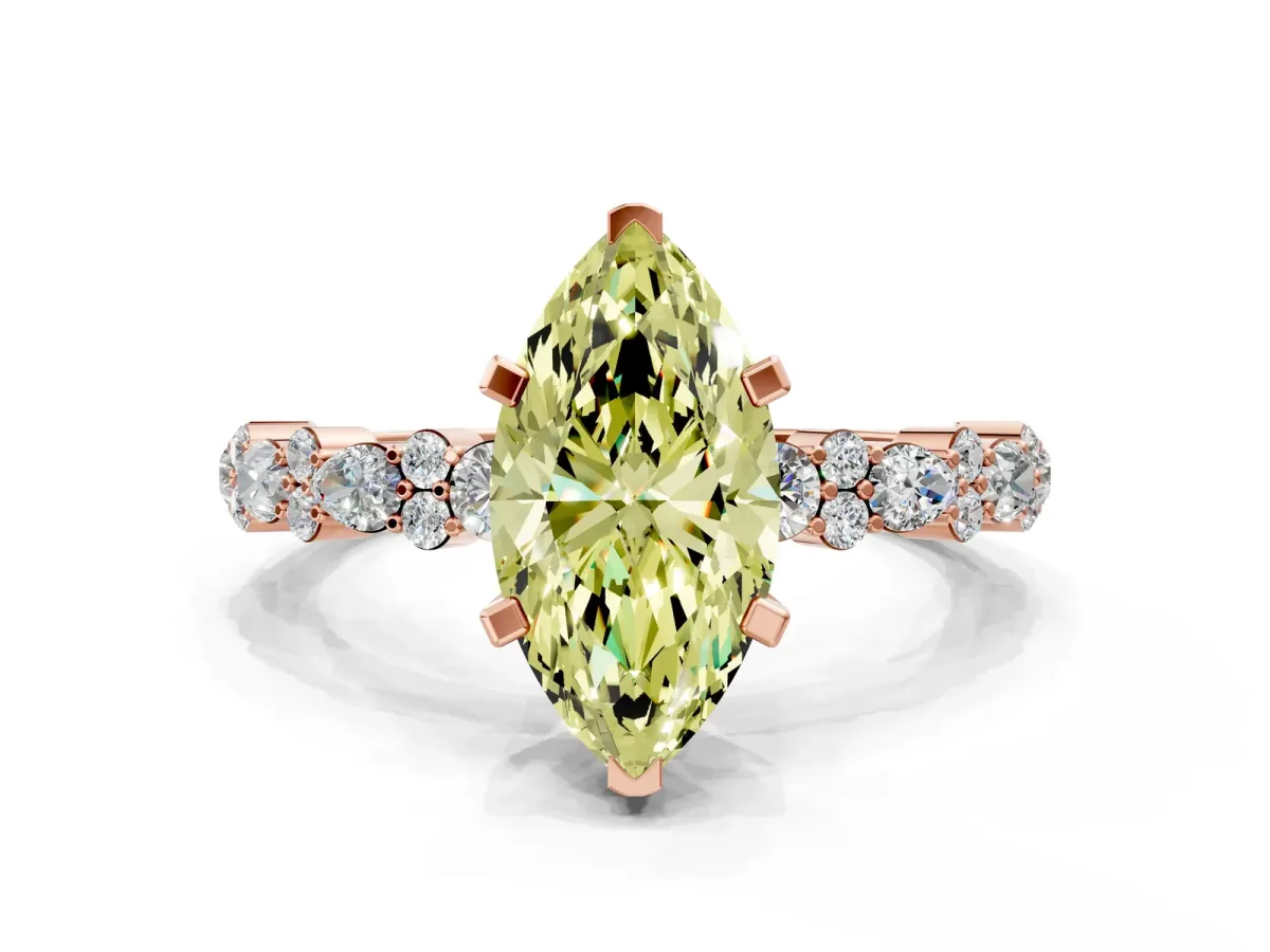 Fancy Yellow Marquise Cut Diamond Side Stone Solitaire Ring with Round and Four-Prong Setting Rose gold
