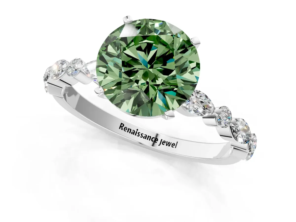 Fancy Green Round Cut Diamond Ring with Marquise and Round Side Stones and Four-Prong Setting Silver