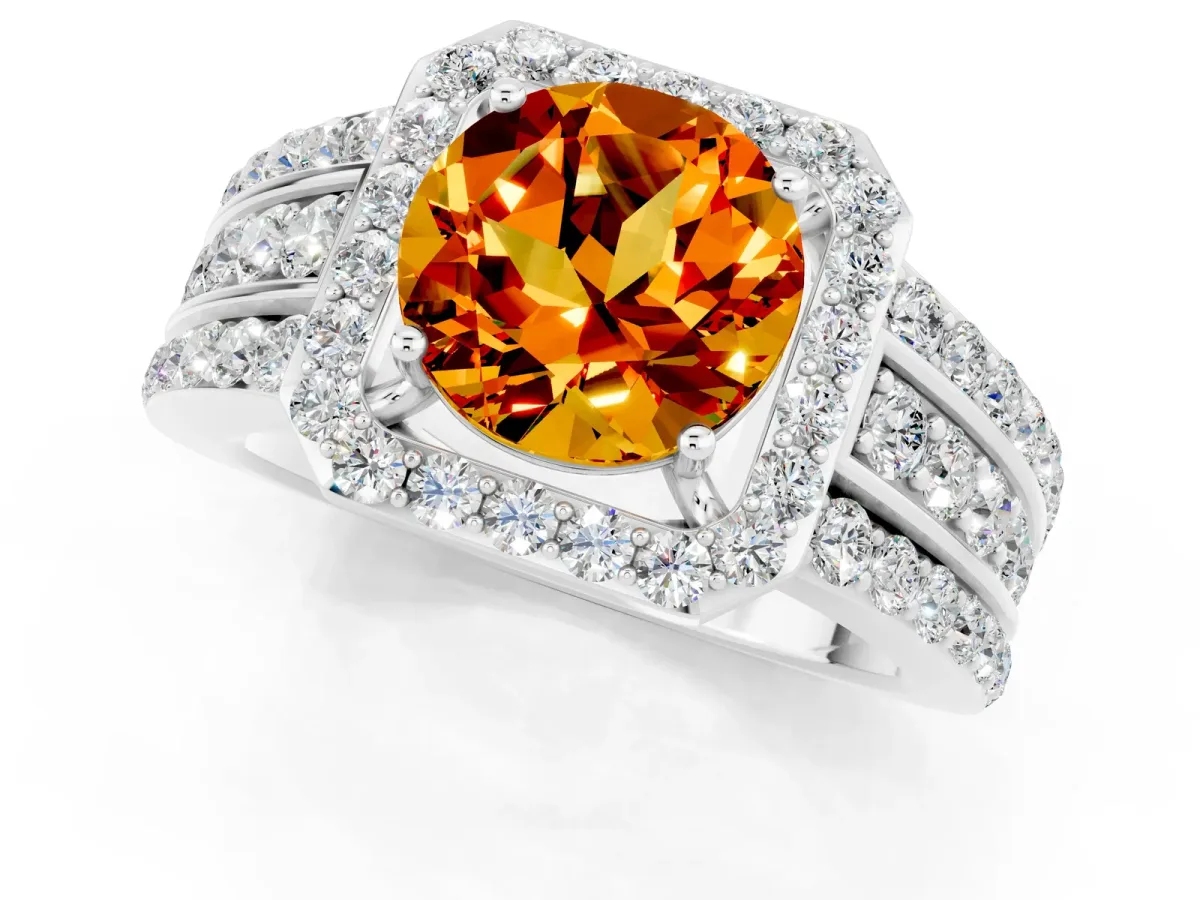 Round Cut Halo Citrine Ring with Round Split Shank and Prong Setting Silver