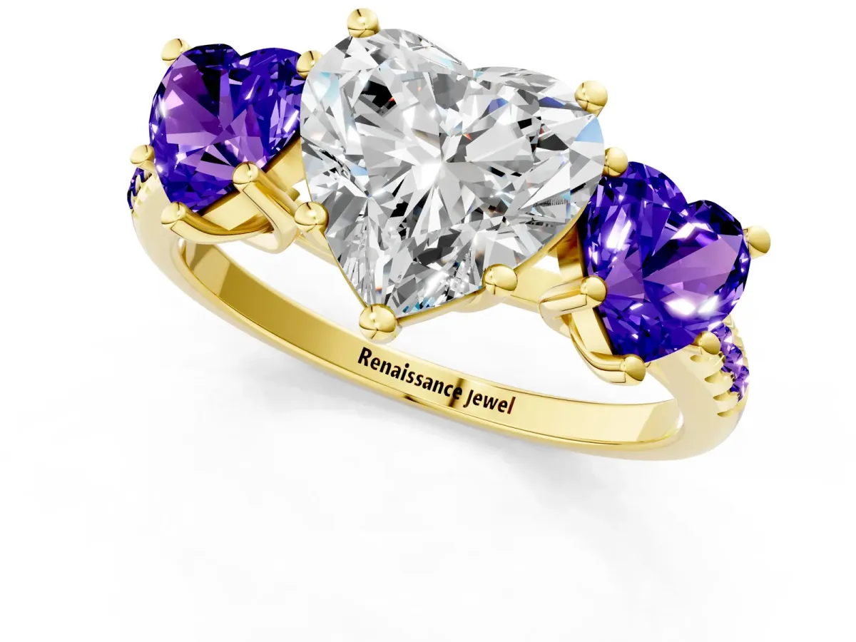 Three-Stone Heart Cut Diamond Ring with Round Tanzanite Pavé Band and Prong Setting Yellow gold