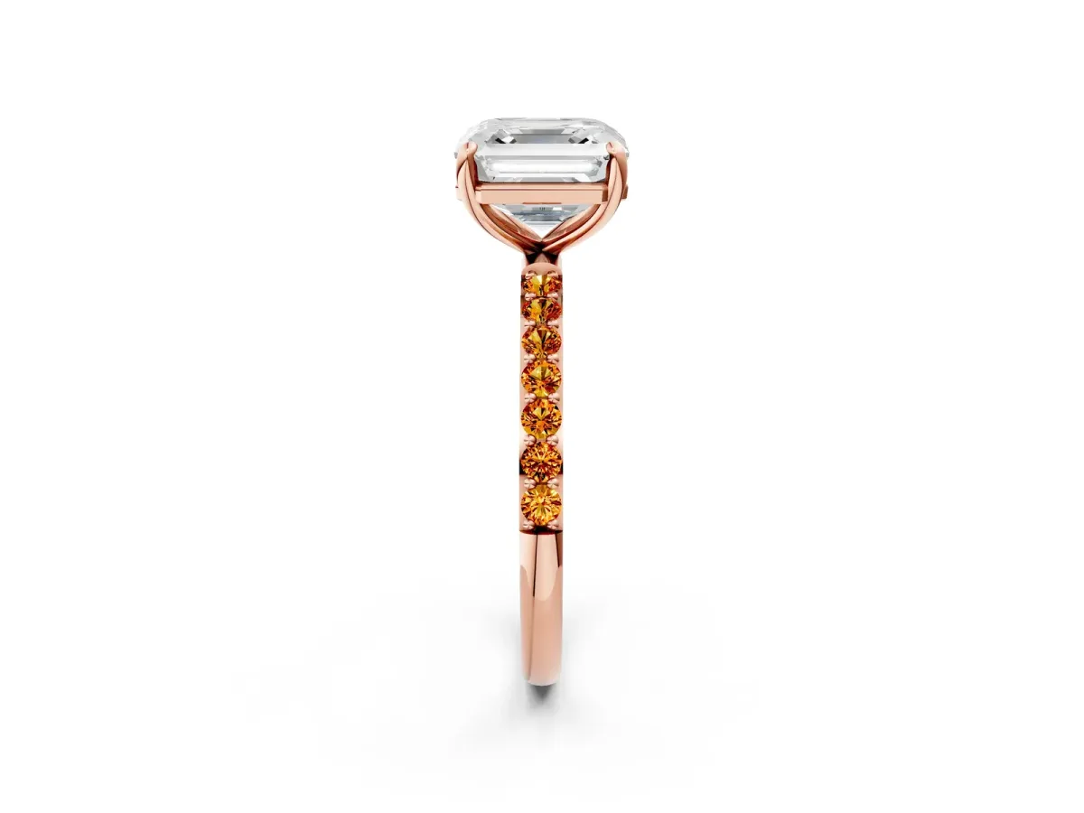 Asscher Cut Diamond Solitaire Ring with Round Citrine Pavé Band and Prong Setting Rose gold