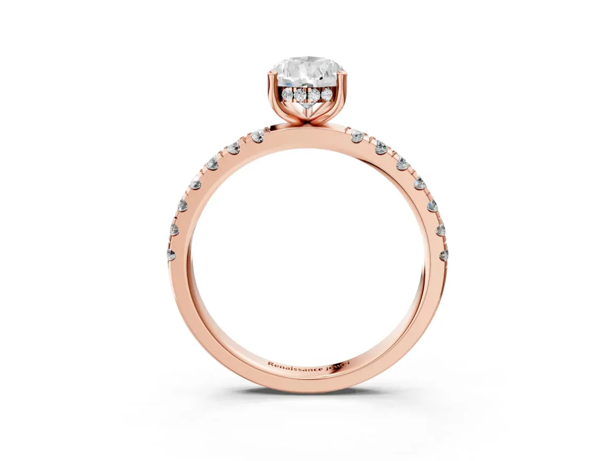 Pear Cut Diamond Pave Band Solitaire Ring with Round and Prong Setting Rose gold