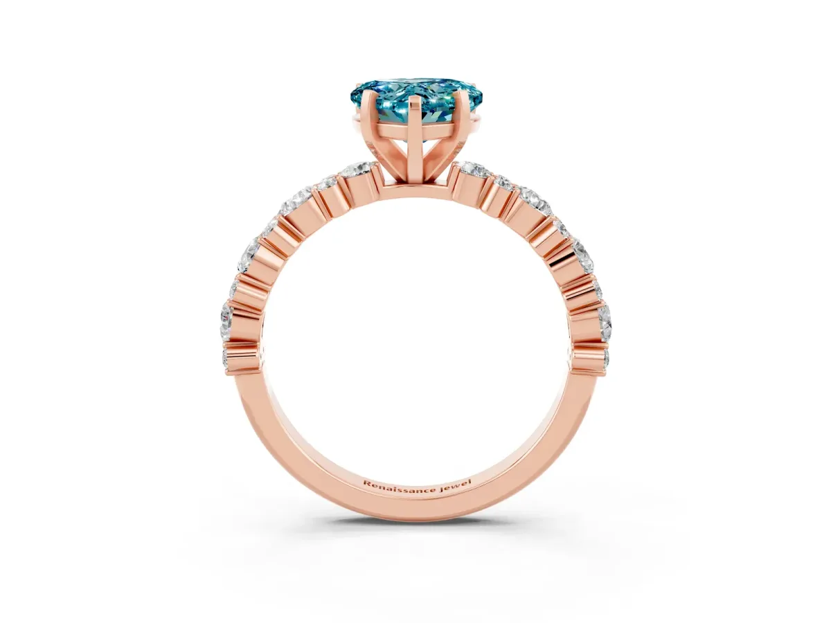 Heart Cut Blue Topaz Side Stone Solitaire Ring with Round and Four-Prong Setting Rose gold