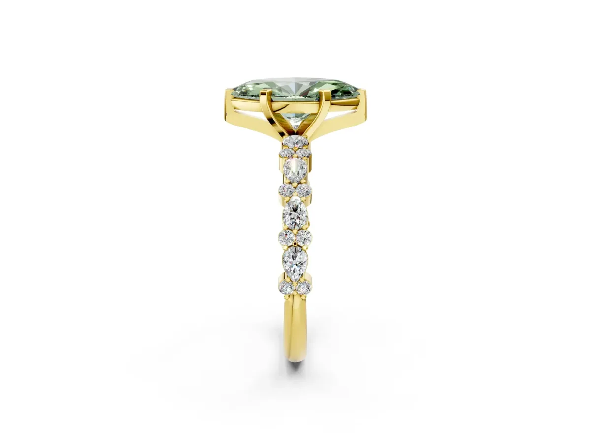 Fancy Green Marquise Cut Diamond Side Stone Solitaire Ring with Round and Four-Prong Setting Yellow gold