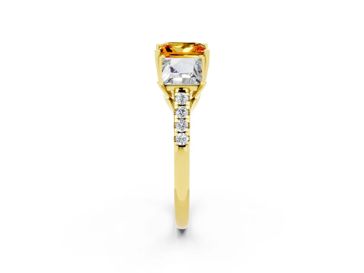 Three-Stone Princess Cut Citrine Ring with Round Pavé Band and Prong Setting Yellow gold