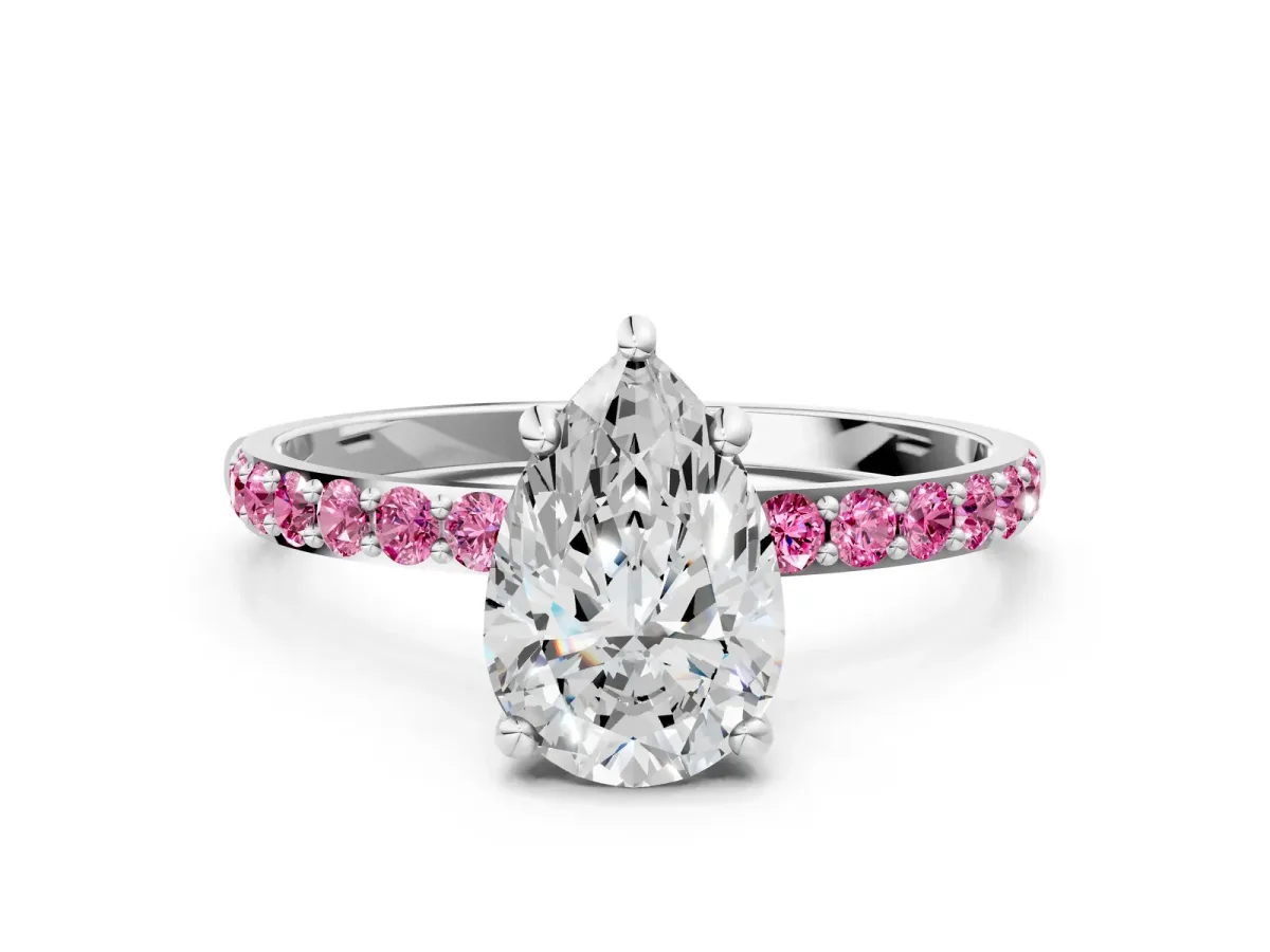 Pear Cut Diamond Solitaire Ring with Round Pink Sapphire Pavé Band and Prong Setting Platinum