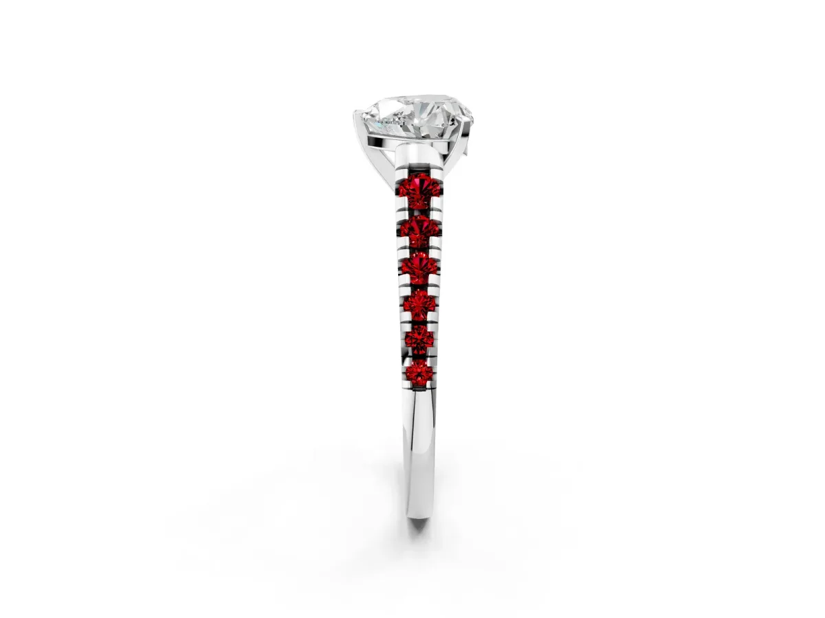 Heart Cut Diamond Cathedral Solitaire Ring with Round Ruby Pavé Band White gold