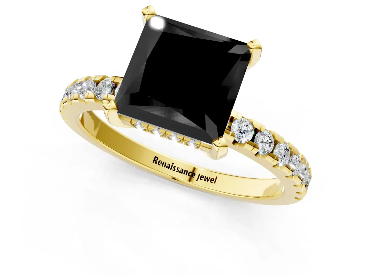 Fancy Black Princess Cut Diamond Solitaire Ring with Round Pavé Band and Four-Prong Setting Yellow gold