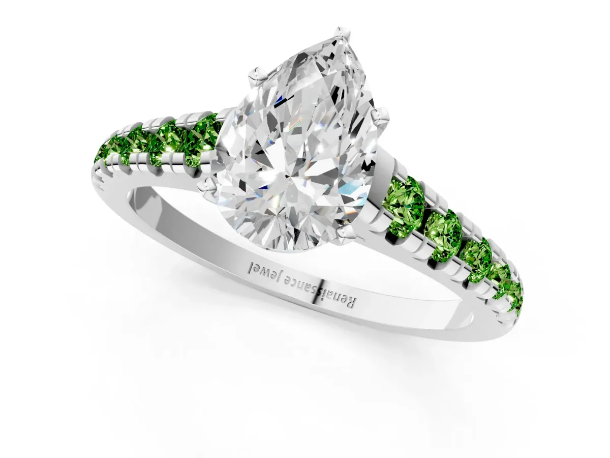Pear Cut Diamond Cathedral Solitaire Ring with Round Peridot Pavé Band White gold