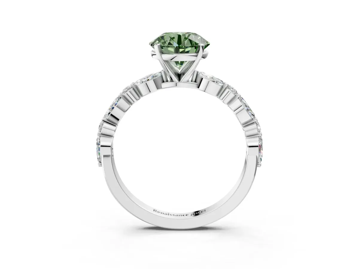Fancy Green Round Cut Diamond Ring with Marquise and Round Side Stones and Four-Prong Setting Silver