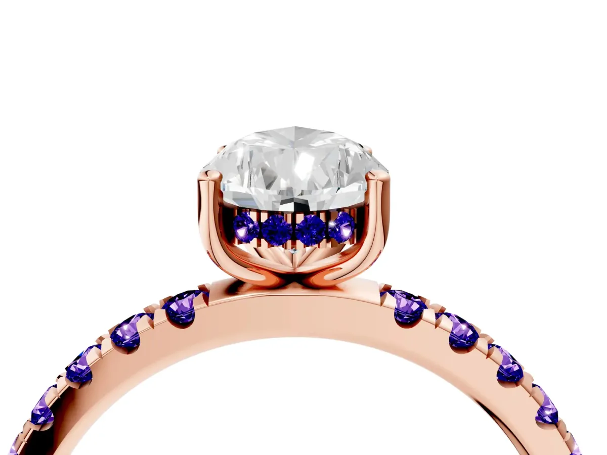 Pear Cut Diamond Pave Band Solitaire Ring with Round Tanzanite and Prong Setting Rose gold