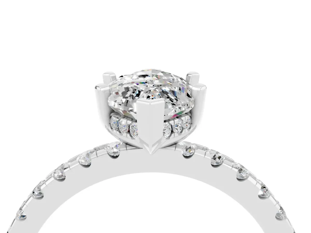 Marquise Cut Moissanite Solitaire Ring with Round Pavé Band and Four-Prong Setting Silver