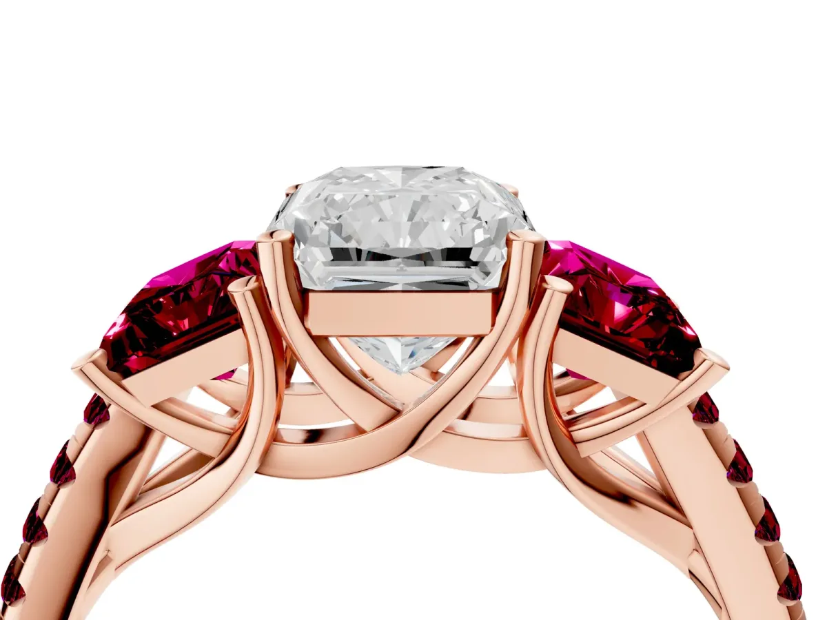 Three-Stone Radiant Cut Diamond Ring with Round Garnet Pavé Band and Prong Setting Rose gold