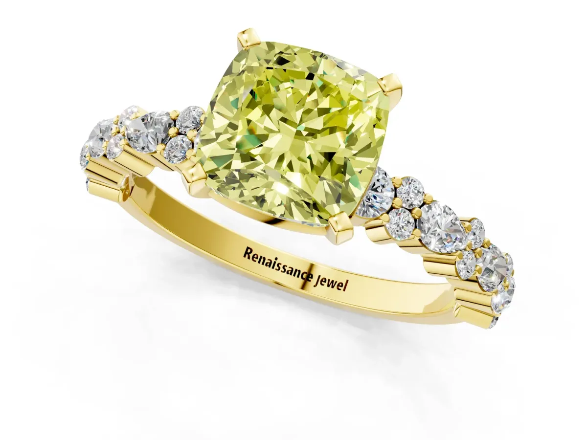 Fancy Yellow Cushion Cut Diamond Side Stone Solitaire Ring with Round and Four-Prong Setting Yellow gold