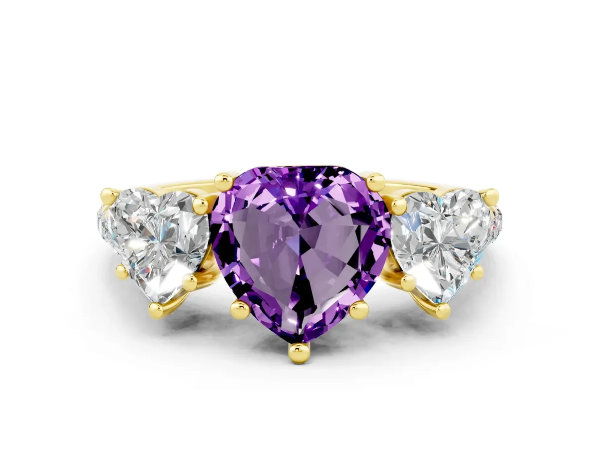 Three-Stone Heart Cut Amethyst Ring with Round Pavé Band and Prong Setting Yellow gold
