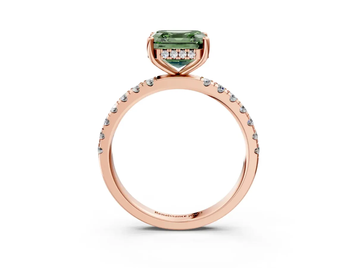 Fancy Green Asscher Cut Diamond Pave Band Solitaire Ring with Round and Prong Setting Rose gold
