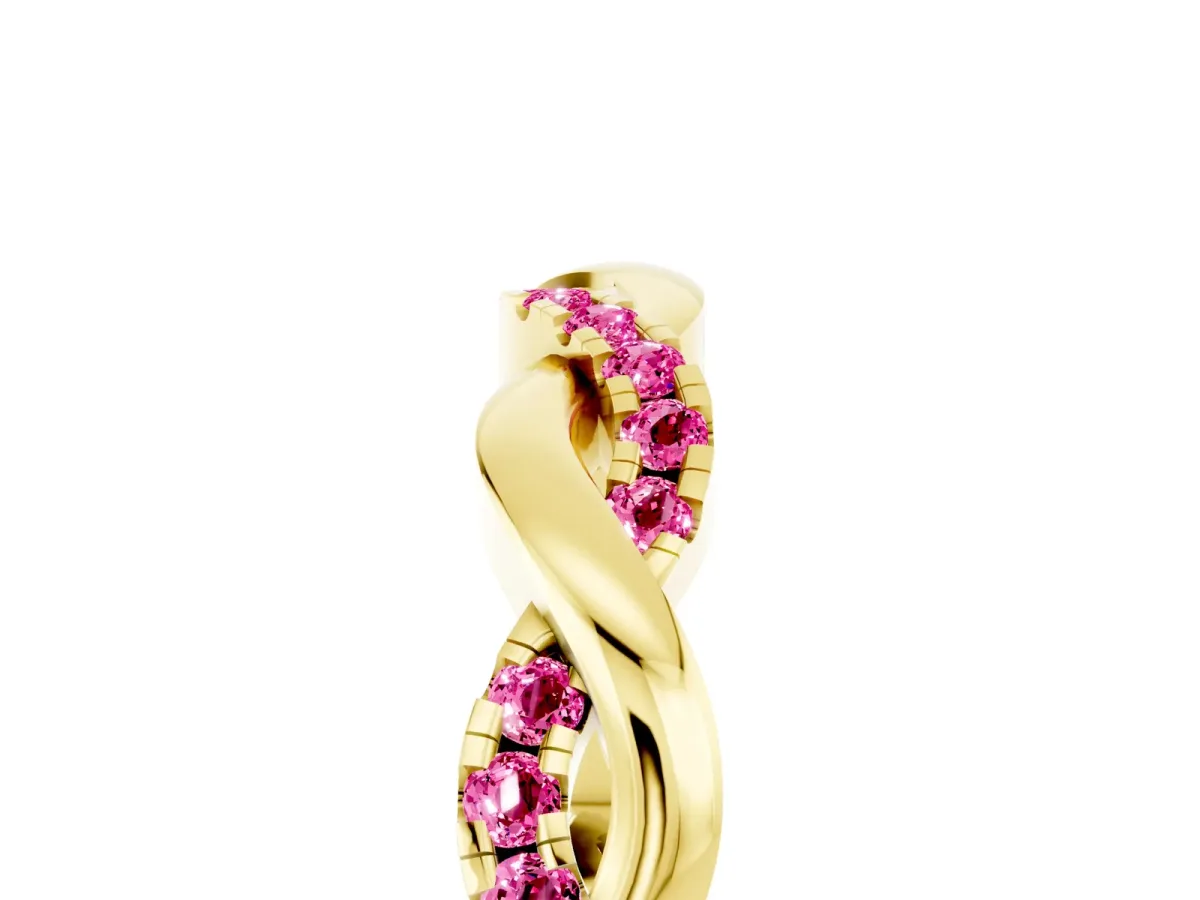 Round Pink Sapphire Twist Eternity Band with Pavé Setting Yellow gold