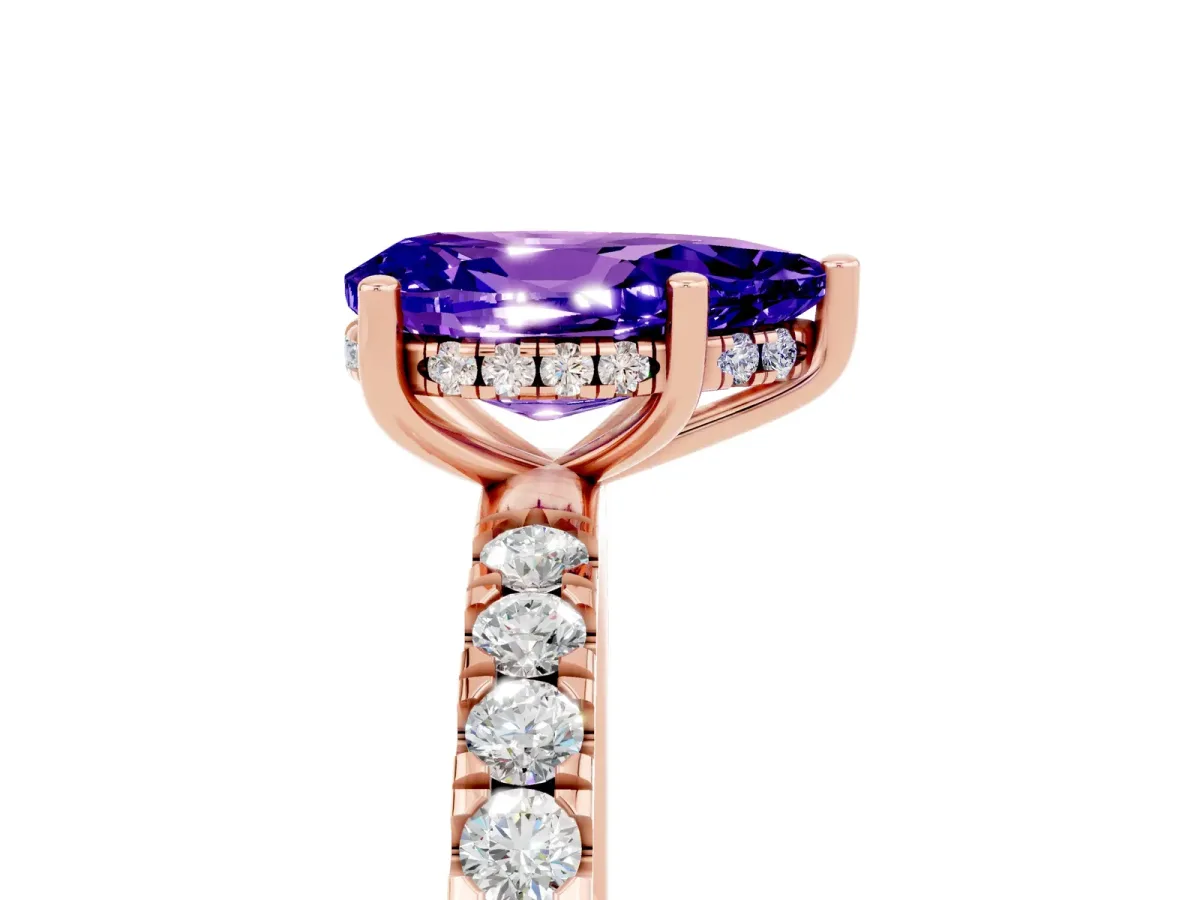 Pear Cut Tanzanite Pave Band Solitaire Ring with Round and Prong Setting Rose gold