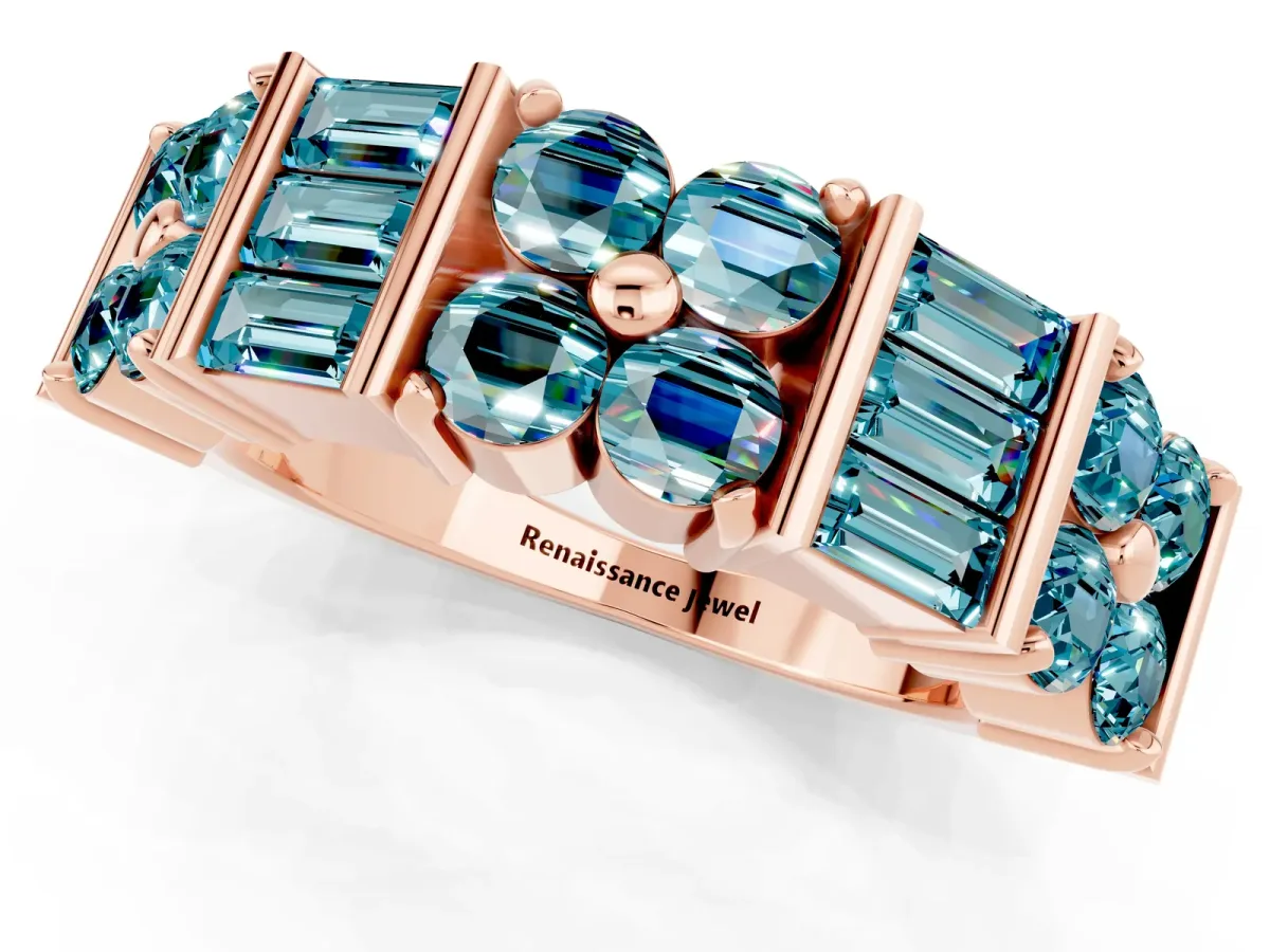 Channel Set Round and Baguette Blue Topaz Anniversary Band with Prong Setting Rose gold