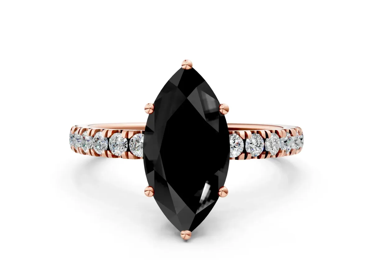 Fancy Black Marquise Cut Diamond Pave Band Solitaire Ring with Round and Prong Setting Rose gold