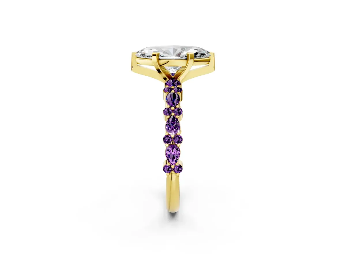 Marquise Cut Diamond Side Stone Solitaire Ring with Round Amethyst and Four-Prong Setting Yellow gold